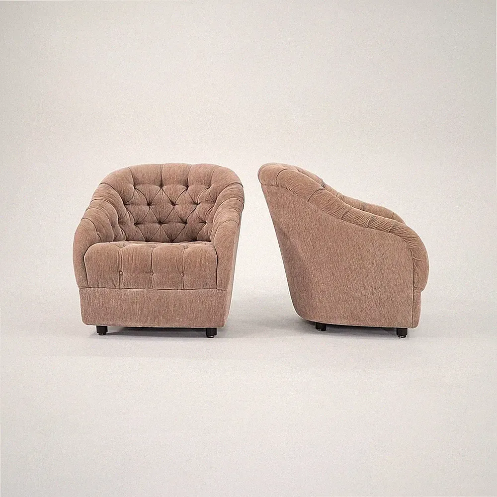 1990s Pair of Ward Bennett for Geiger Tufted Club Chairs Tan Velvet Model 2084