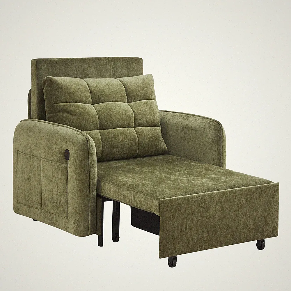 3In1 Pull Out Sleeper Sofa Bed Chenille Lounge Chair Recliner With USB Ports