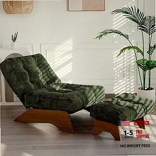Accent Chair with Ottoman Adjustable Backrest, Tufted Large Corded-green
