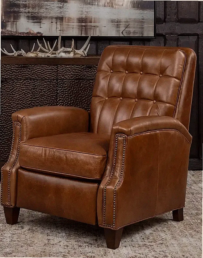 Brown Leather Tufted Recliner Chair Custom with Nailhead Trim Whiskey Style