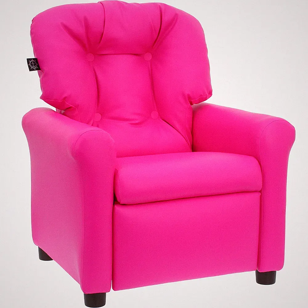 Faux Leather Kids Recliner Chair Stitched Button Tufted Back Traditional Pink