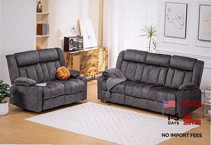 Manual Recliner Chair Set，Fabric Reclining Sofa Chair with Cup Holders, 3+2