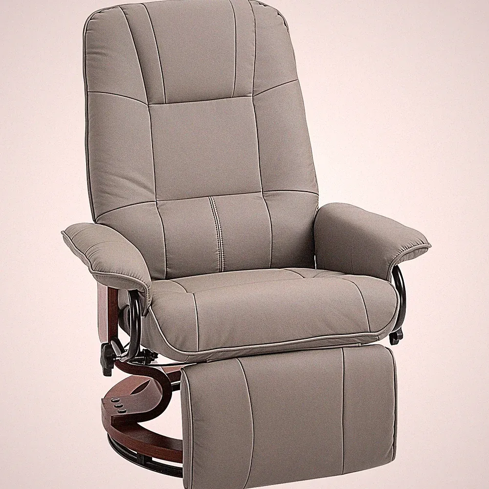 Manual Swivel Recliner Chair Faux Leather w/ Footrest Wood Base Gray