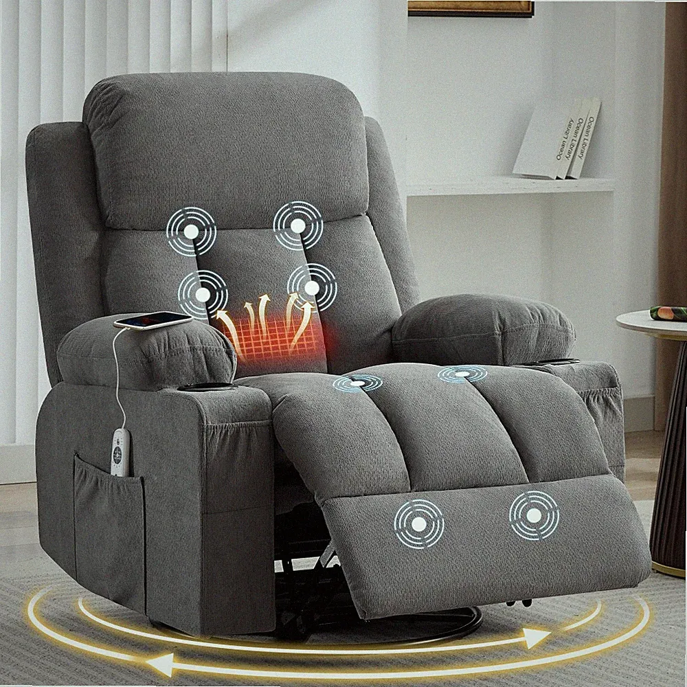 Swivel Rocker Recliner Chair Vibration Massage Heat Living Room Side Pocket USB